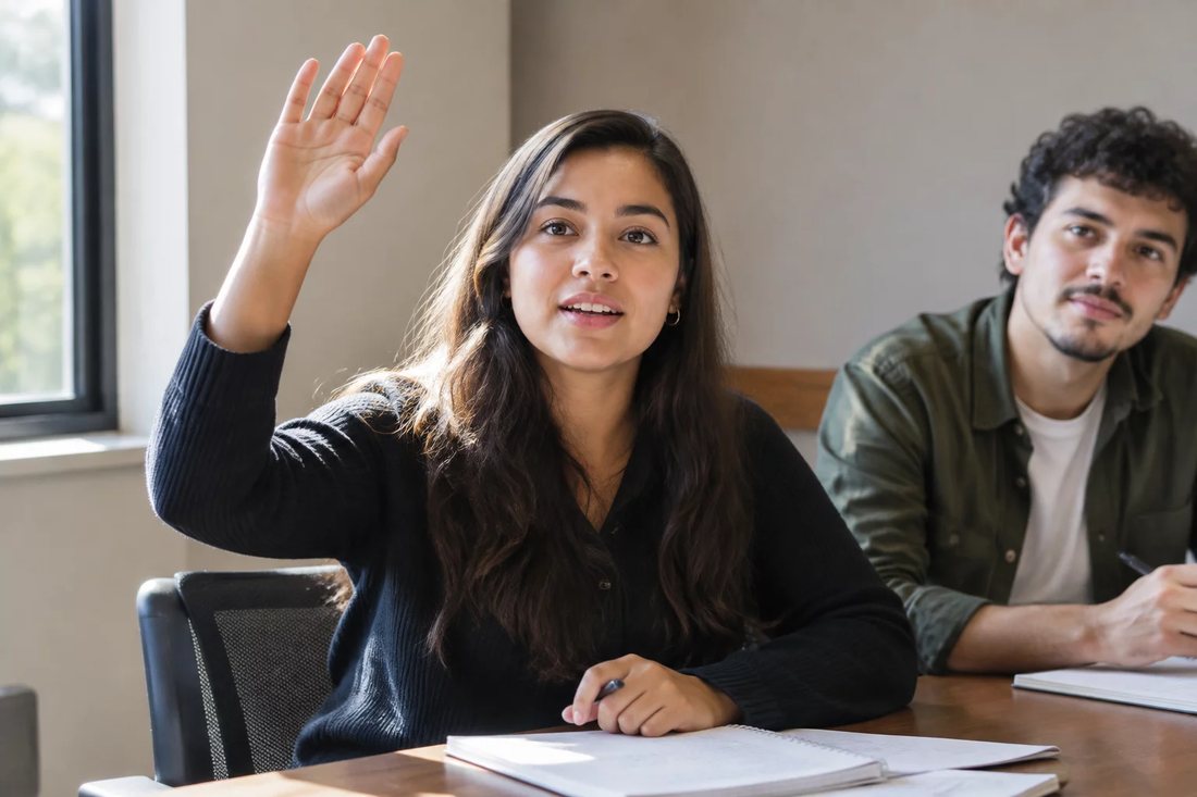 Facilitador em pé apontando para um argumento escrito no quadro durante a sessão