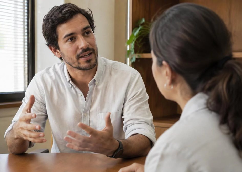 Duas pessoas frente a frente na mesa: uma sustenta a fala, a outra anota o que ouviu